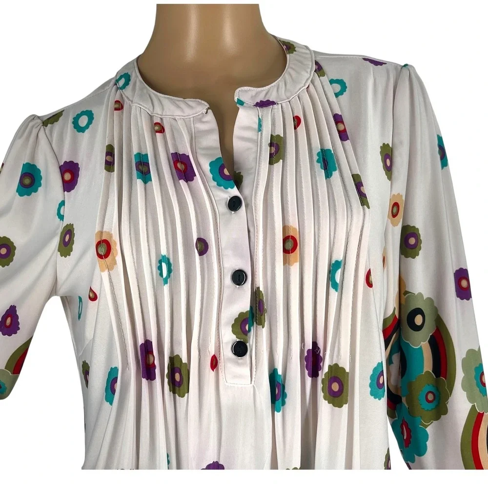 Reborn Pleated Mini Dress Floral 3/4‎ Sleeves Retro Art Deco Size Medium